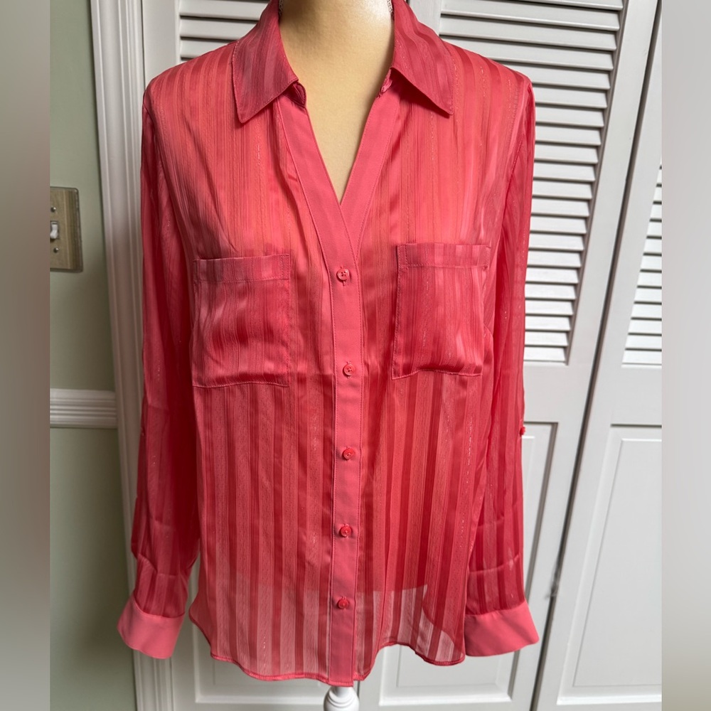 White House Black Market Salmon Sheer Striped Notched Collar Blouse